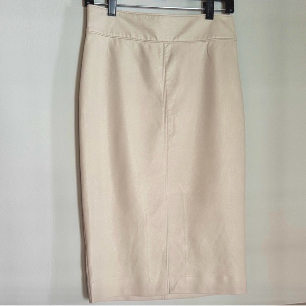 Babaton vegan faux leather ivory front slit pencil skirt side zip